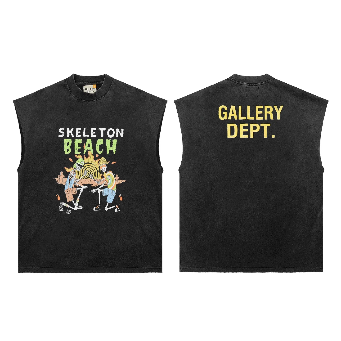 pt #G1011 P116 GALLERY DEPT. Distressed and frayed sleeveless waistcoat short sleeves. Sunset 🌇 Skull hot stamping. Letter printing. Made of 280G double yarn pure cotton. The fabric is comfortable and stylish. After washing and distressing, the upper body becomes more fashionable and cool. The collar and hem are frayed. The design is full. The US version is too large. Color: washed black. Size S/M/L/XL